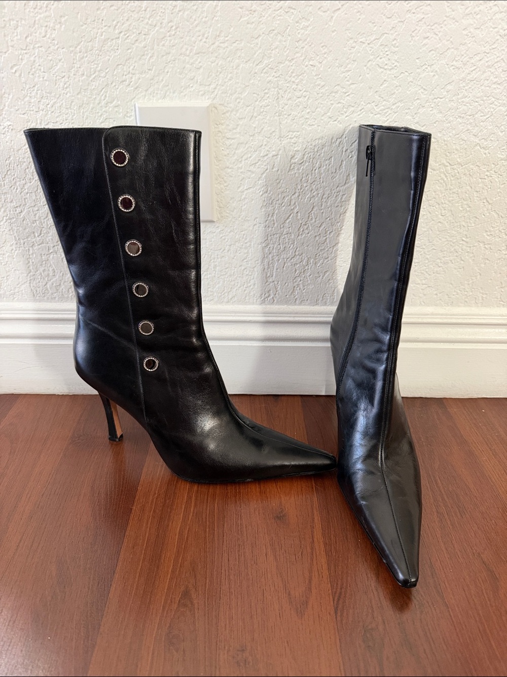 Y2K Black Pointed Toe Stiletto Mid-Calf Boots with Ring Button Detail